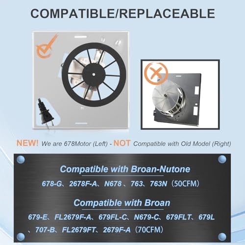 Motoasis 【Motoasis-Upgrade】 678-G/2678F-A Fan Compatible with Nutone 763 763N,Compatible with Broan 679-E/2679F-A 679FL-C N679-C 679L, 2.0 Sone,S97015163,8" x8-1/4 (50 CFM) - Image 2