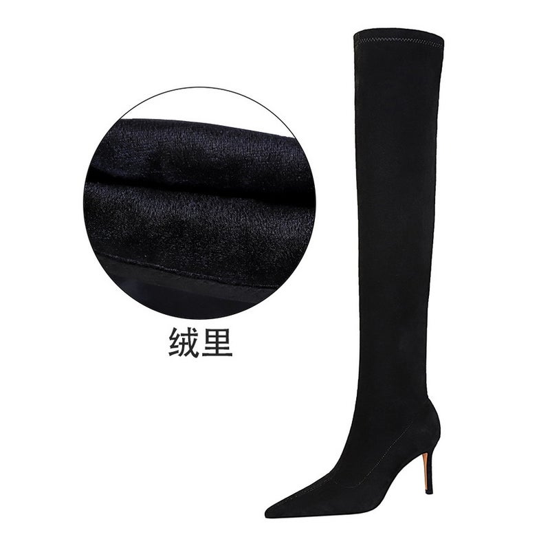 315-A6 Style Winter Fashion Simple Stiletto High Heel Pointed Toe Slender Slim Pedicure Suede Over-The-Knee Boots - Image 1