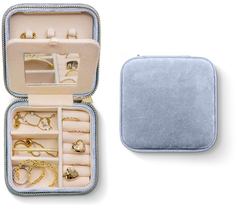 Benevolence LA Plush Velvet Jewelry Box | Travel Jewelry Case Organizer with Mirror | Featured in Oprah's Favorite Things | Best Gifts For Daughter, Girlfriend, Mom | Gifts For Her - Periwinkle Blue - Image 1