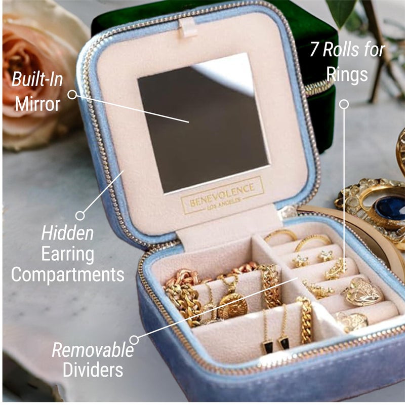 Benevolence LA Plush Velvet Jewelry Box | Travel Jewelry Case Organizer with Mirror | Featured in Oprah's Favorite Things | Best Gifts For Daughter, Girlfriend, Mom | Gifts For Her - Periwinkle Blue - Image 3