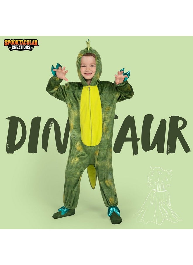 Spooktacular Creations - Unisex Shining Dinosaur Jumpsuit Pajama For Kids Zip-Up Green T-Rex Hooded Jumpsuit Halloween Costume, 3T(3-4Yr) - Image 1