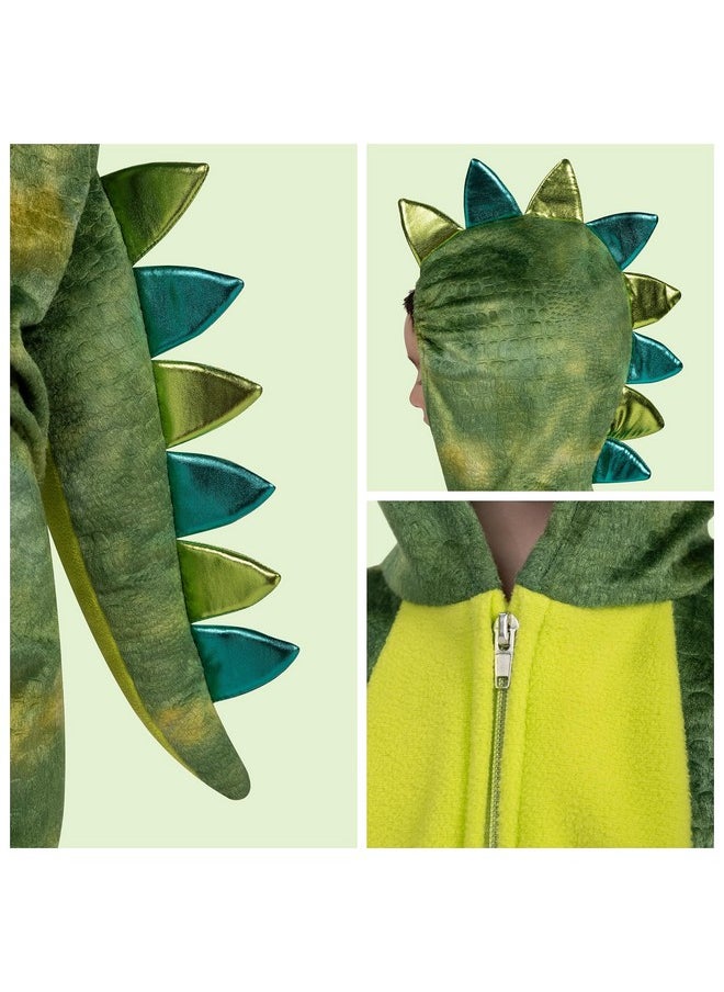 Spooktacular Creations - Unisex Shining Dinosaur Jumpsuit Pajama For Kids Zip-Up Green T-Rex Hooded Jumpsuit Halloween Costume, 3T(3-4Yr) - Image 1