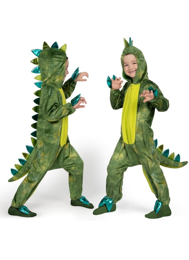 Spooktacular Creations - Unisex Shining Dinosaur Jumpsuit Pajama For Kids Zip-Up Green T-Rex Hooded Jumpsuit Halloween Costume, 3T(3-4Yr) - Image 1