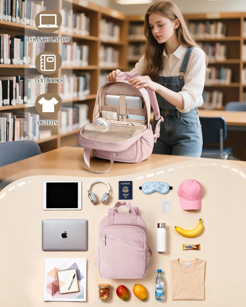 Smasrob Women Backpack with 15.6â€ Laptop Sleeve for Travel, Work and College, Lightweight Water-resistant Backpack for Women with 8 Pockets, Pink - Image 2
