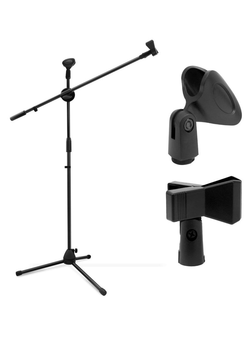 Mike Music - Microphone Stand Adjustable Height Dual Mic Clip Folding Type Portable Tripod Mic Holder for Live Stream Singing Speech Stage Outdoor Show - Image 1