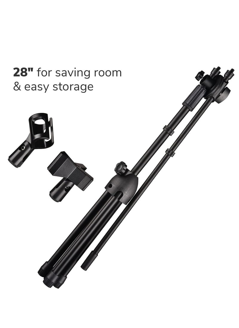 Mike Music - Microphone Stand Adjustable Height Dual Mic Clip Folding Type Portable Tripod Mic Holder for Live Stream Singing Speech Stage Outdoor Show - Image 1