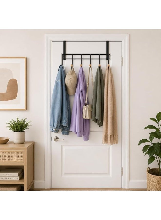 Metal hanging rack with six hooks and wooden ball ends, no drilling required, suitable for clothes, towels, hats, bags, robes and keys, suitable for bathroom, bedroom, kitchen and home, 38 cm long. - Image 2