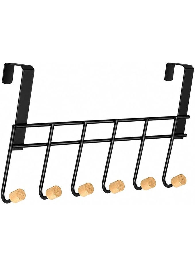 Metal hanging rack with six hooks and wooden ball ends, no drilling required, suitable for clothes, towels, hats, bags, robes and keys, suitable for bathroom, bedroom, kitchen and home, 38 cm long. - Image 1