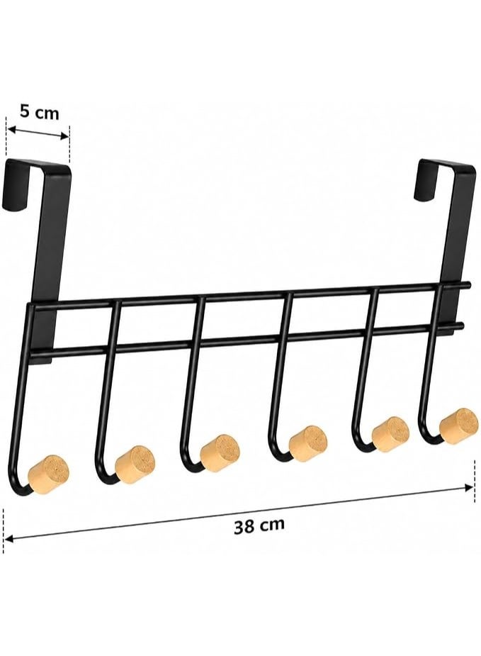 Metal hanging rack with six hooks and wooden ball ends, no drilling required, suitable for clothes, towels, hats, bags, robes and keys, suitable for bathroom, bedroom, kitchen and home, 38 cm long. - Image 3