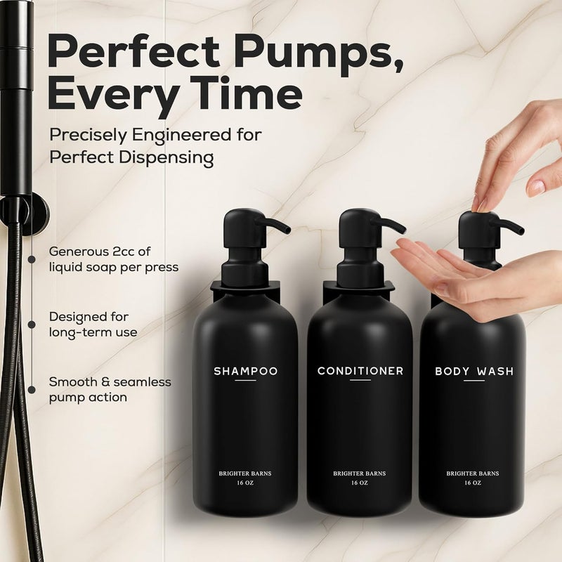 Brighter Barns Black Shampoo and Conditioner Dispenser Set Wall Mounted by - 3 Chamber No Drill Shampoo Bottles for Shower Wall - Refillable Plastic Shower Soap Dispenser for Airbnb, RV, Hotel (Black) - Image 4