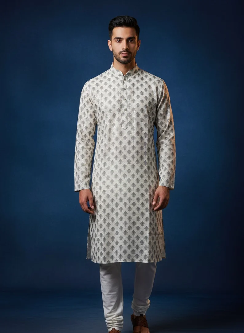 Lehar Ivory and Grey Printed Silk Kurta for Men