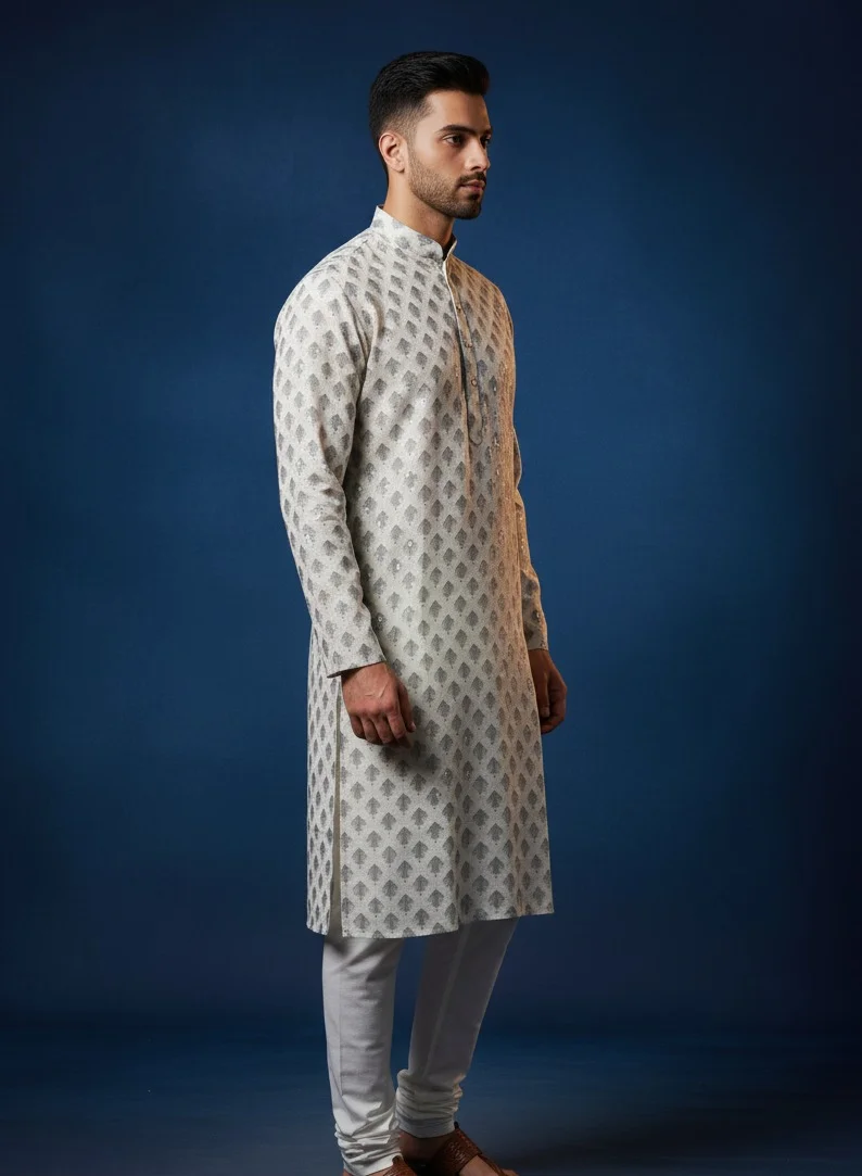 Lehar Ivory and Grey Printed Silk Kurta for Men