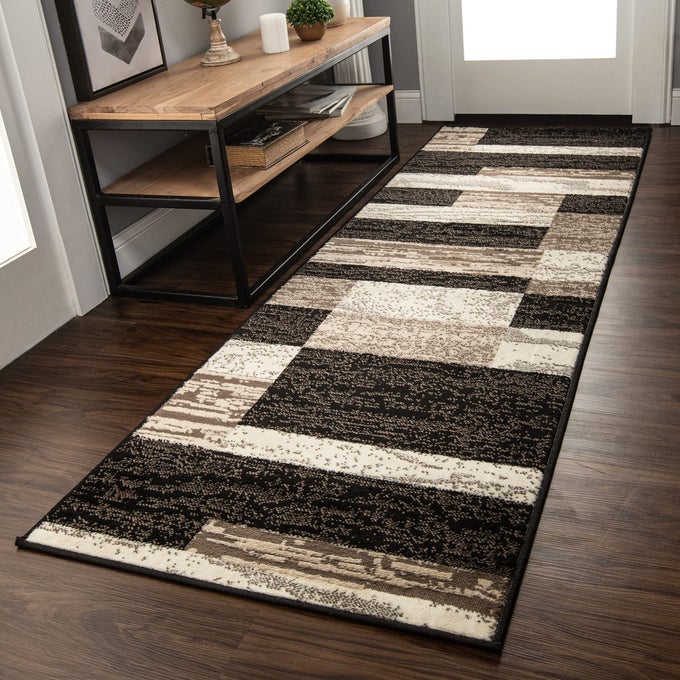 INDOOR RUNNER AREA RUG WITH JUTE BACKING FOR KITCHEN BEDROOM DORM LIVING ROOM HALLWAY ENTRYWAY PERFECT FOR HARDWOOD FLOORS ROCKWOOD MODERN GEOMETRIC DESIGN 26 X 10 CHOCOLATE