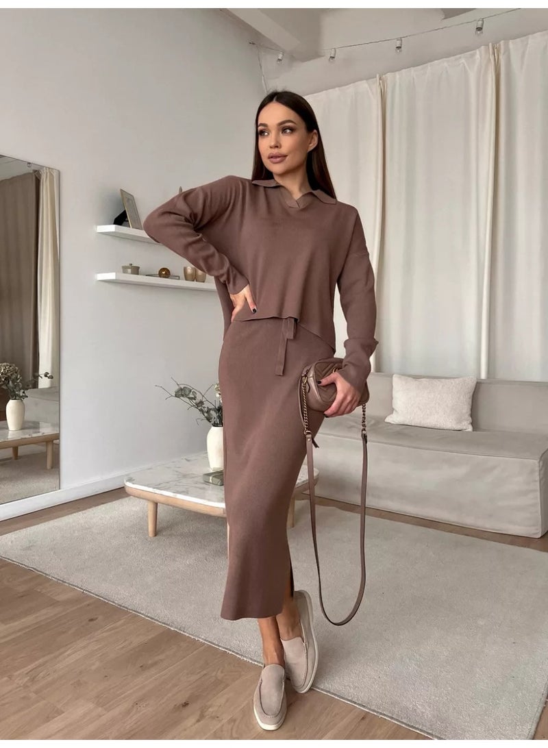 NIBEMINENT Elegant Soft Vintage Women Dresses Suits 2 Pieces Female Skirt Sets O Neck Sweater & Midi Dress Knitted TrackSuit - Image 2