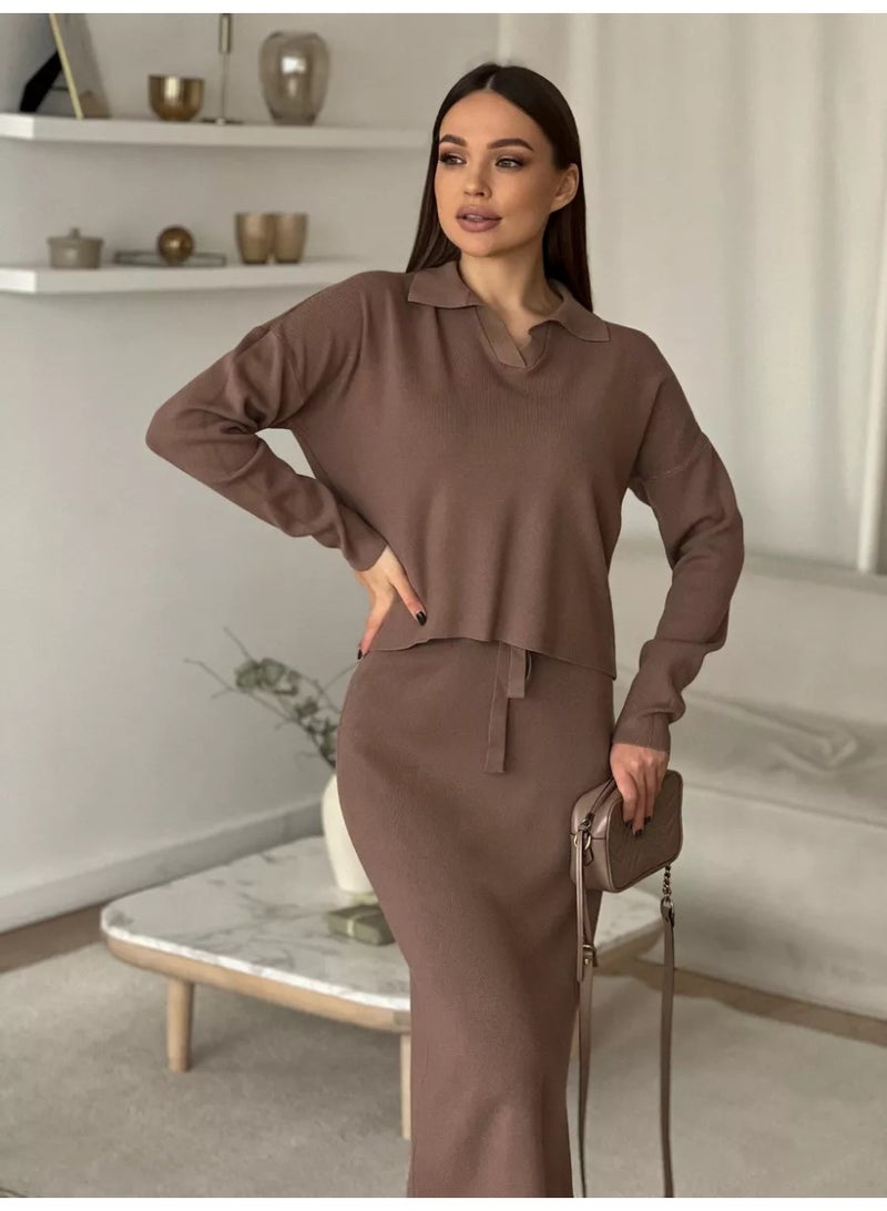 NIBEMINENT Elegant Soft Vintage Women Dresses Suits 2 Pieces Female Skirt Sets O Neck Sweater & Midi Dress Knitted TrackSuit - Image 1