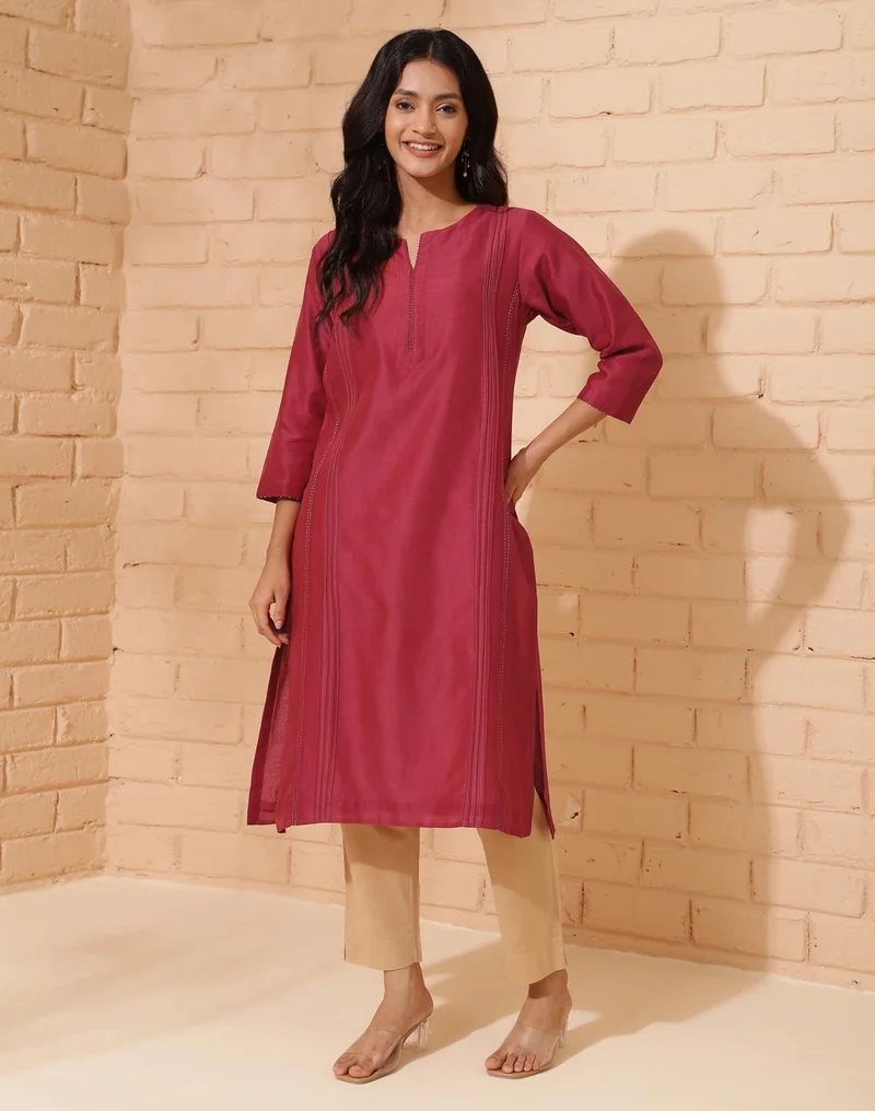 Fabindia Maroon Cotton Silk Calf Length Long Kurta