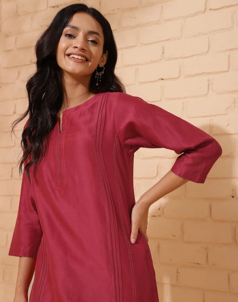 Fabindia Maroon Cotton Silk Calf Length Long Kurta