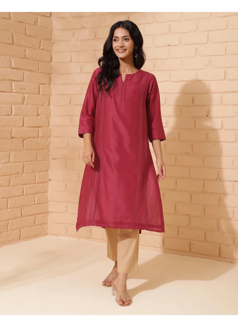 فاب انديا Maroon Cotton Silk Calf Length Long Kurta