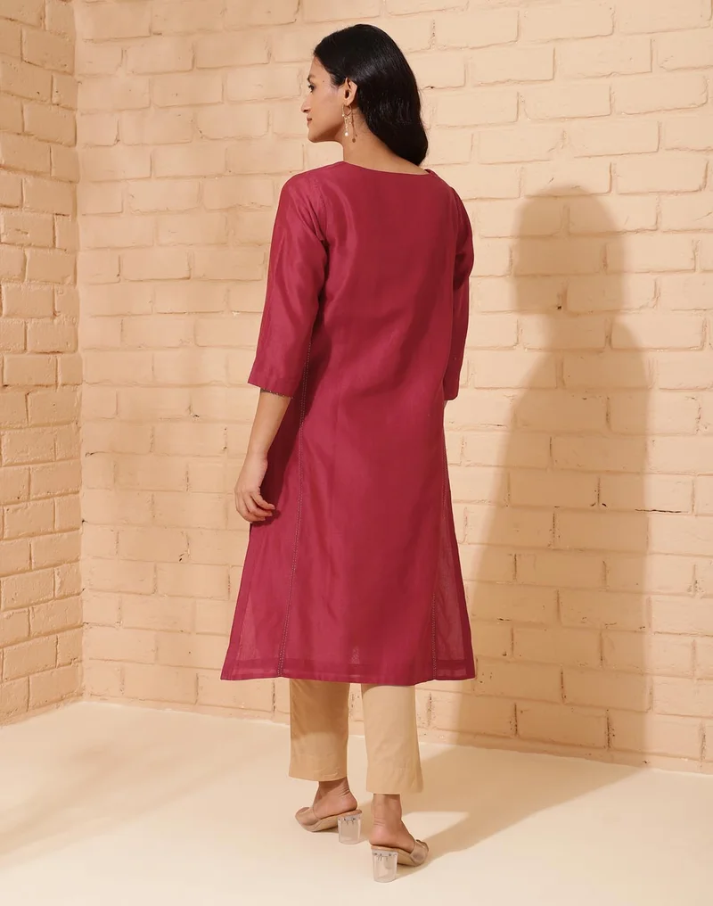 Fabindia Maroon Cotton Silk Calf Length Long Kurta