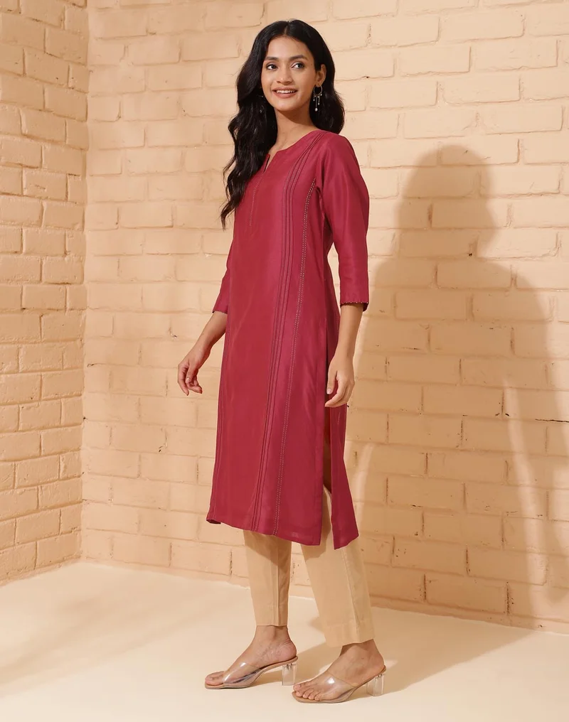 Fabindia Maroon Cotton Silk Calf Length Long Kurta