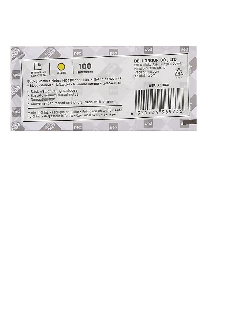 Deli DELI STICKY NOTES 12 PIECE 38MMX51MM A00153 YELLOW 100 SHEETS/PAD (TOTAL 1200 STICK NOTES)  - Image 3
