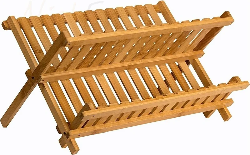 Nishev 2 Tier Bamboo Foldable Plate Rack Dish Drainer Large Kitchen Dish Drying Rack 47X32 cm