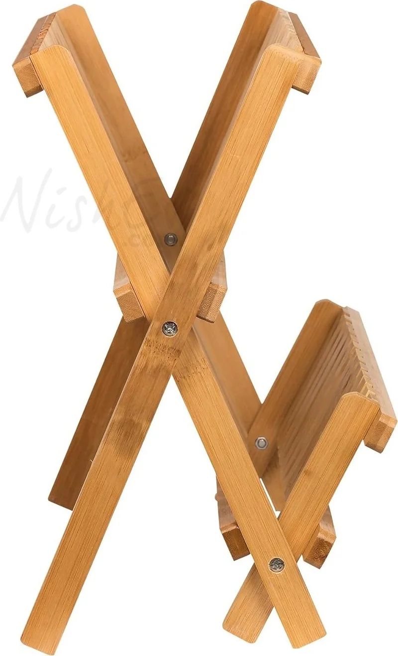 Nishev 2 Tier Bamboo Foldable Plate Rack Dish Drainer Large Kitchen Dish Drying Rack 47X32 cm