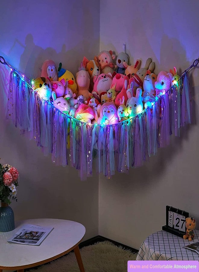FYANER Stuffed Animal Net Stuffed Animal Storage Hammock with LED Lights Colorful Tassels Hammock Hanging Stuffed Toy Storage Organizer Holder for Nursery Play Room Kids Bedroom(Purple) - Image 5