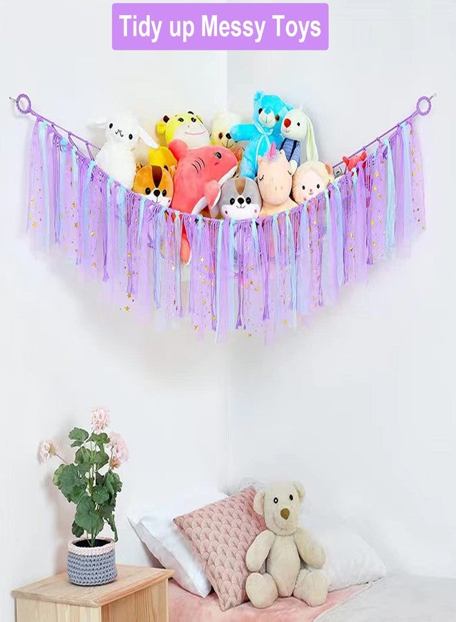 FYANER Stuffed Animal Net Stuffed Animal Storage Hammock with LED Lights Colorful Tassels Hammock Hanging Stuffed Toy Storage Organizer Holder for Nursery Play Room Kids Bedroom(Purple) - Image 3