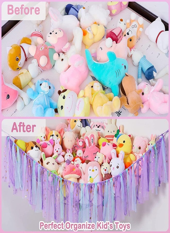 FYANER Stuffed Animal Net Stuffed Animal Storage Hammock with LED Lights Colorful Tassels Hammock Hanging Stuffed Toy Storage Organizer Holder for Nursery Play Room Kids Bedroom(Purple) - Image 4
