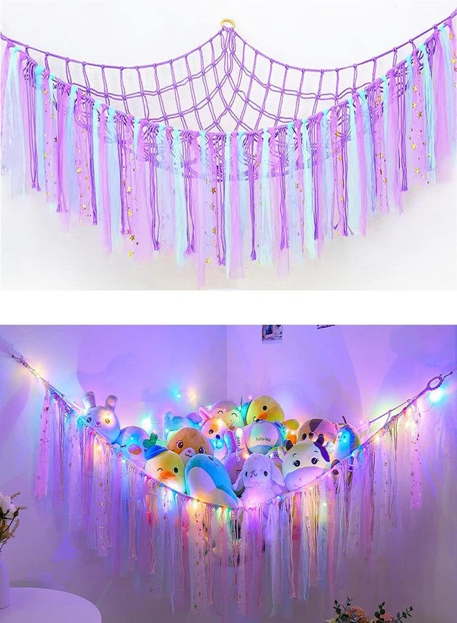 FYANER Stuffed Animal Net Stuffed Animal Storage Hammock with LED Lights Colorful Tassels Hammock Hanging Stuffed Toy Storage Organizer Holder for Nursery Play Room Kids Bedroom(Purple) - Image 1