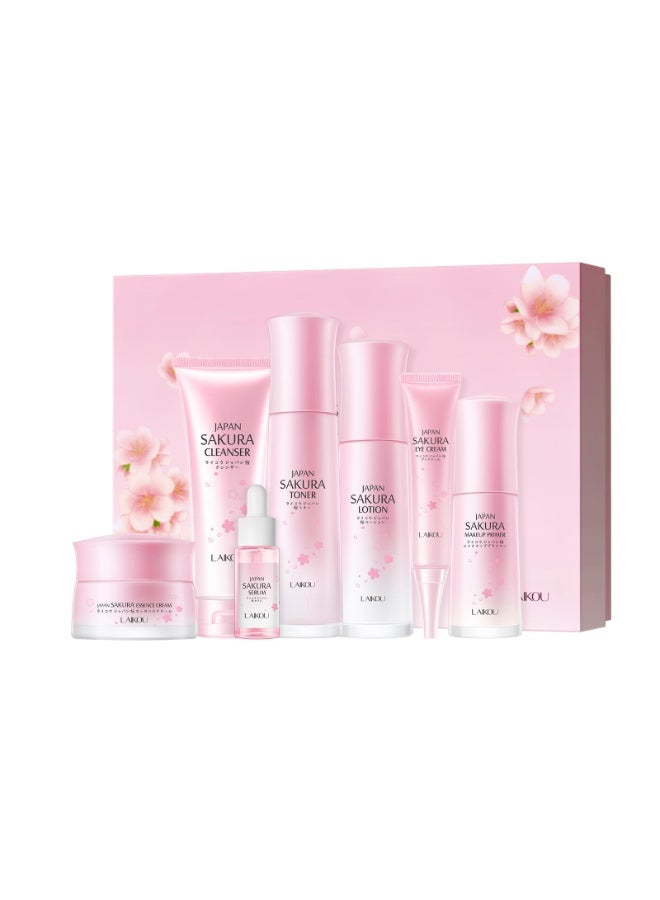 لايكو مجموعة ساكورا للعناية بالبشرة من لايكو، مجموعة هدايا للعناية بالبشرة، مع منظف، تونر، لوشن، سيروم، كريم للعين، كريم للوجه، برايمر مكياج، للنساء والفتيات المراهقات، هدية عيد ميلاد للأم والابنة - Image 1