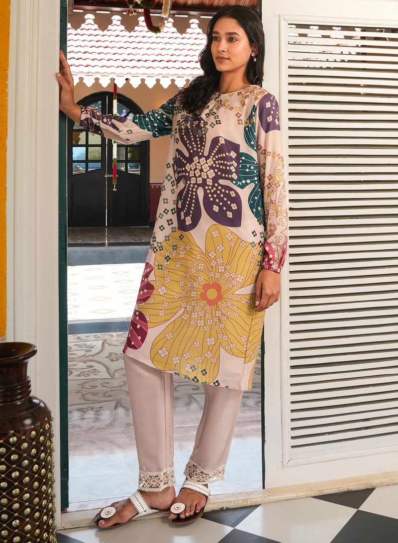 QISSA Women's Off-White Florentine Imprint Kurta Set  - Image 5
