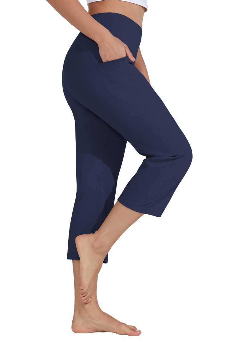 Willit Women's Yoga Capris Pants High Waist Leggings Crop Straight Leg Athletic Exercise Workout Capris 21" Navy Blue XL - Image 3