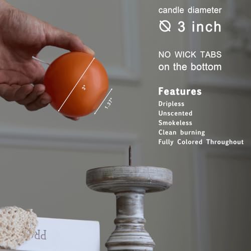 MOZEAL Hand-Poured, 3 Inch Orange Round Ball Candles - Elegant Orange Round Pillar Candles Set of 3, Dripless, Unscented, Smokeless, Ideal for Halloween Decor. - Image 3