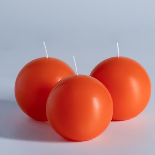 MOZEAL Hand-Poured, 3 Inch Orange Round Ball Candles - Elegant Orange Round Pillar Candles Set of 3, Dripless, Unscented, Smokeless, Ideal for Halloween Decor. - Image 1