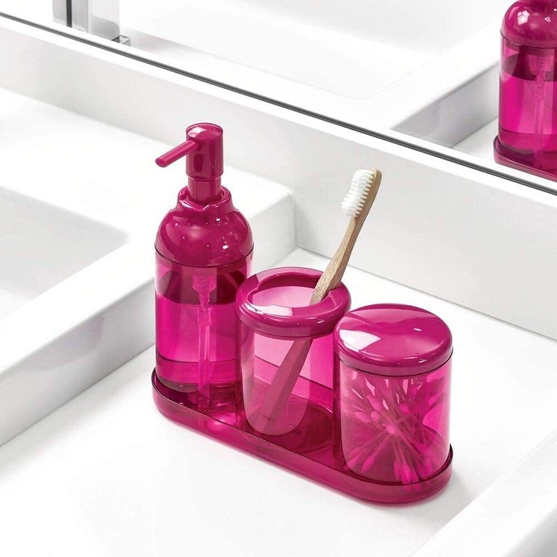 InterDesign Plastic Liquid Soap Dispenser for Bathroom or Kitchen, Refillable Bottle with Rustproof Plastic Pump for Essential Oil, Lotion, Dish Soap, Holds 355 ml, Size - (7 x 7 x 21) CM, Magenta - Image 5