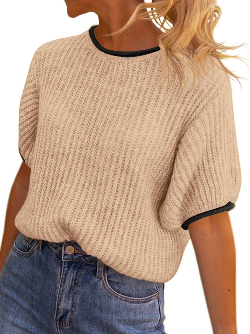 Saodimallsu Womens Puff Short Sleeve Sweater Tops Spring Summer Color Block Ribbed Knit Crew Neck Going Out Shirts Apricot - Image 1