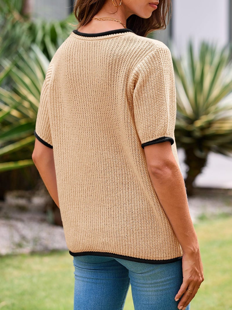 Saodimallsu Womens Puff Short Sleeve Sweater Tops Spring Summer Color Block Ribbed Knit Crew Neck Going Out Shirts Apricot - Image 5
