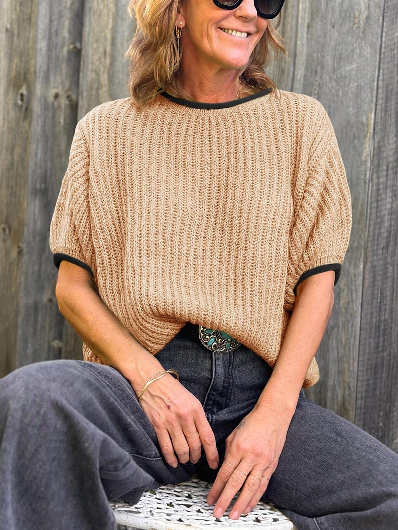 Saodimallsu Womens Puff Short Sleeve Sweater Tops Spring Summer Color Block Ribbed Knit Crew Neck Going Out Shirts Apricot - Image 3