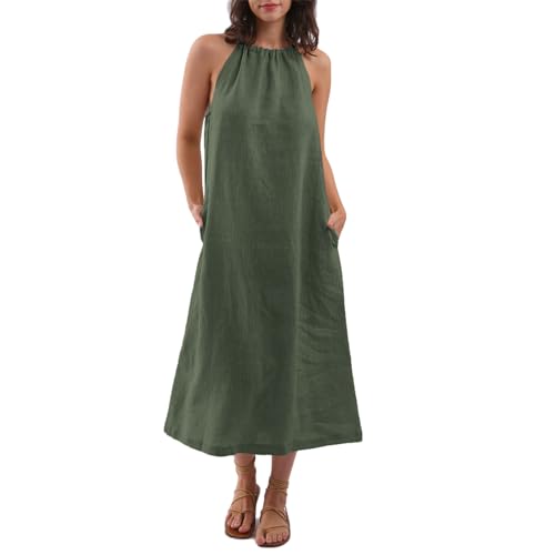 Amazhiyu Womens Linen Halter Sleeveless Maxi Dress Tie Back with Belt and Pockets Black Green, Small - Image 1