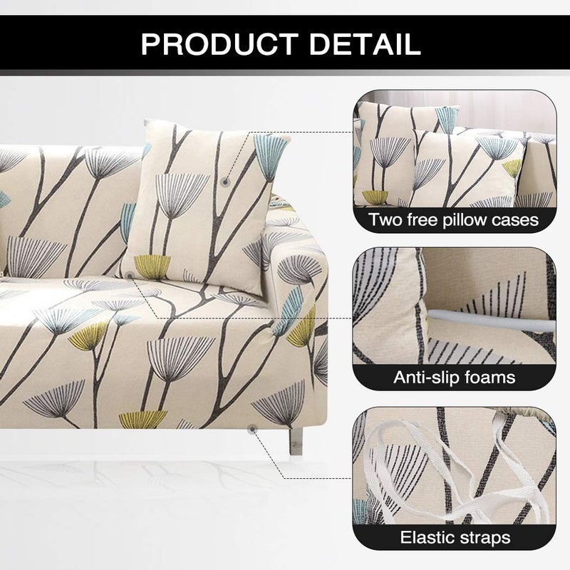 Lamberia Printed Sofa Cover Stretch Couch Cover Sofa Slipcovers for 4 Cushion Couch with Two Free Pillow Case (Dandelion  Sofa 4 Seater)  Beige - Image 4