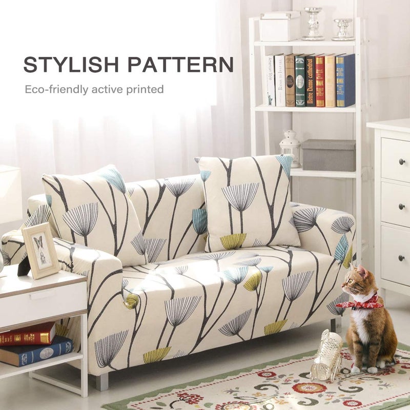 Lamberia Printed Sofa Cover Stretch Couch Cover Sofa Slipcovers for 4 Cushion Couch with Two Free Pillow Case (Dandelion  Sofa 4 Seater)  Beige - Image 2