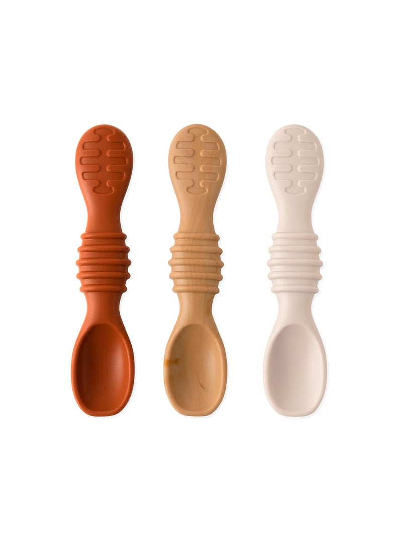 Bumkins Baby Utensil Set, Silicone Trainer Spoons for Dipping, Soft Tip, Self-Feeding, Chew, Baby Led Weaning, First Year Training Supplies, Essentials in Learning Eating, 4 Mos, 3-pk Beige and Brown - Image 1