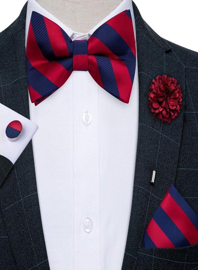 YourTies Blue Red Bow Tie for Men Striped Pre-tied Tuxedo Bowties Pocket Square Cufflink Adjustable Wedding Prom Party - Image 2