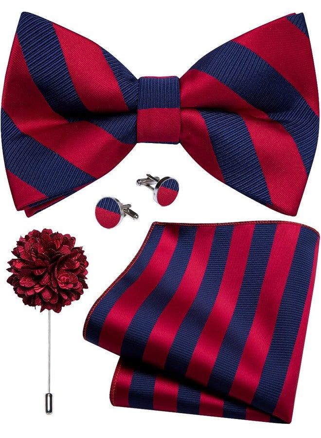 YourTies Blue Red Bow Tie for Men Striped Pre-tied Tuxedo Bowties Pocket Square Cufflink Adjustable Wedding Prom Party - Image 1
