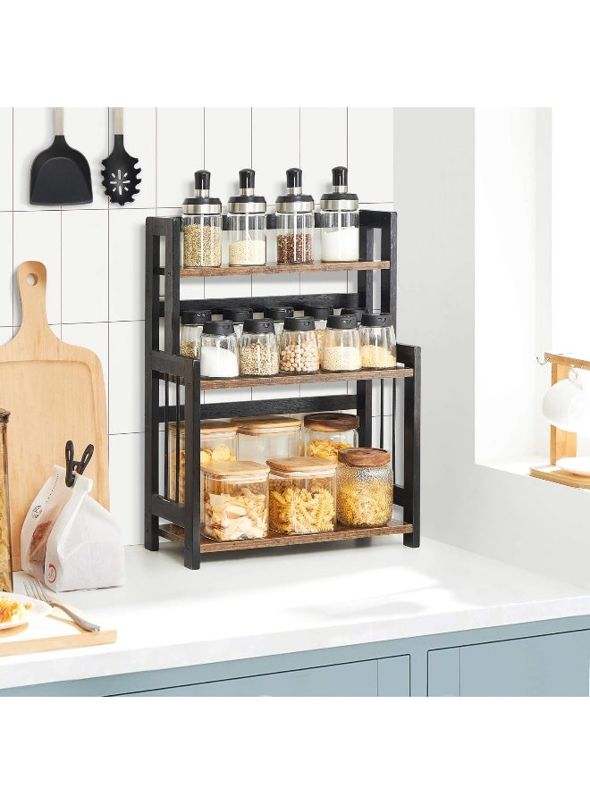 SONGMICS Spice Rack, 3-Tier Countertop Storage Shelf, Desktop Organiser with Bamboo Frame, for Kitchen, Dining Room, Office, Rustic Brown and Black - Image 2