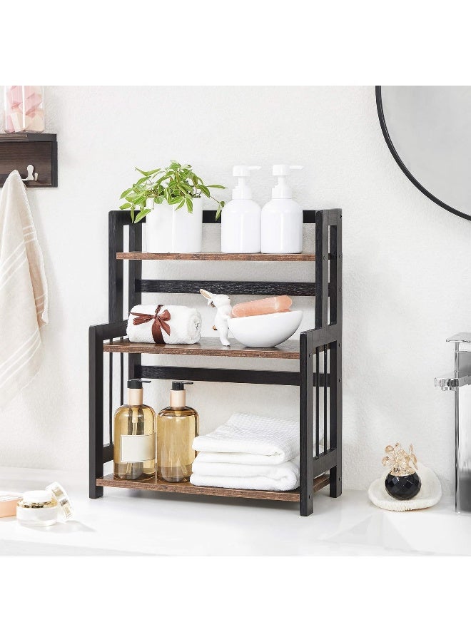 SONGMICS Spice Rack, 3-Tier Countertop Storage Shelf, Desktop Organiser with Bamboo Frame, for Kitchen, Dining Room, Office, Rustic Brown and Black - Image 3