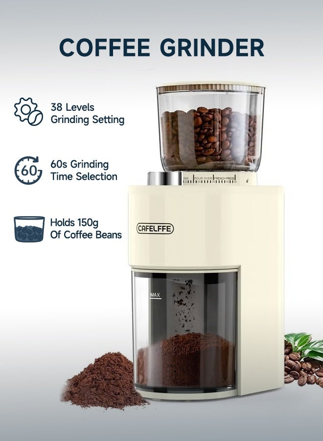 كافلف مطحنة قهوة كهربائية مع 38 إعداد طحن دقيق و7 مستويات ووقت قابل للتعديل باللون الأبيض - Image 1
