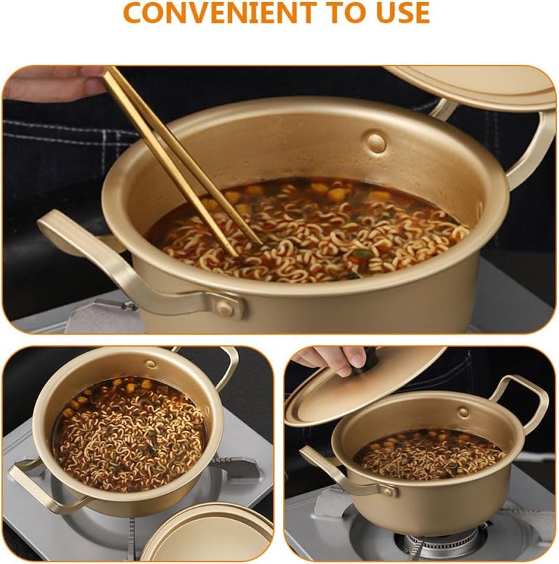 ABOOFAN Korean Style 16cm Yellow Aluminum Ramen Pot with Lid and Dual Handles, Instant Noodle Cooking Saucepan for Small Meals and Travel - Image 3